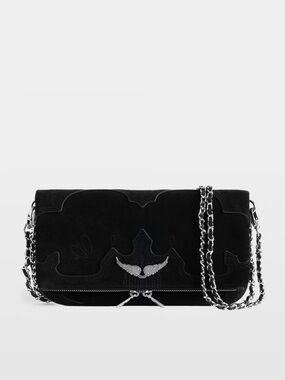 Black Suede Shoulder Bag with Silver Chain